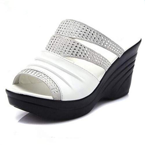 Cuñas de Las Mujeres Sandalias de Piel de Vaca Rhinestones Hollow Verano Zapatillas Mujer Pescado Boca 8 CM de tacón Alto Slingback Sandalias de Moda