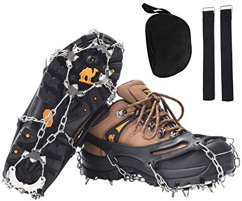 DAFENP Crampones Ligeros 19 Dientes Tacos con Cadena de Dcero Inoxidable Antideslizante Crampones Nieve Hielo para Zapatos Invierno Montañismo Escalada Alpinismo Cámping Acampada BZ0011-Black-M