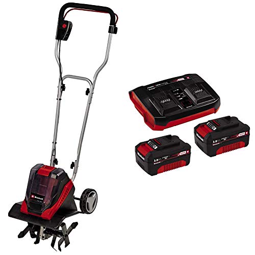 Einhell GE-CR 30 Li- Solo- Aradora batería con motor de induccion, sin escobillas, 2x 18 V, 4 cuchillas + 4512083 Juego de baterías de arranque PXC (2 piezas de 3 Ah y cargador doble)