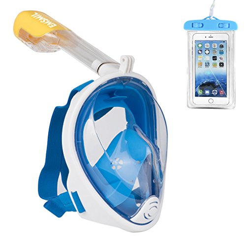 Emsmil Máscara de Buceo para Snorkel 180 Vista Panorámica Fácil Respiración Máscara Completa Anti-Niebla y Anti-Fugas Soporte Cámara GoPro con Bolsa de Teléfono Impermeable para Niños Adultos Azul