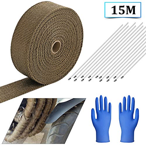 EXLECO Cinta de Escape 15M Cinta de Protección Termica Dorado Cinta de Anticalórica Durable Fibra de Vidriopara Colector de Escape de Motocicleta (+15 varillas de acero + guantes azules)