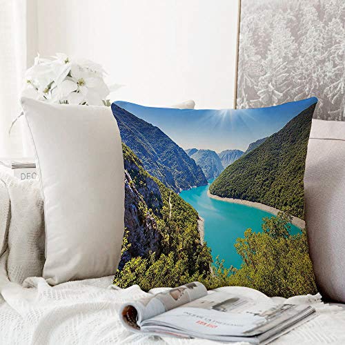 Fangguan decoración Cuadrada, Mountain Lake, el cañón de Piva con su embalse Montenegro Balcanes Sunlights River Picture, Orange Blue,Funda de Almohada Almohada para Coche Almohada para sofá casero