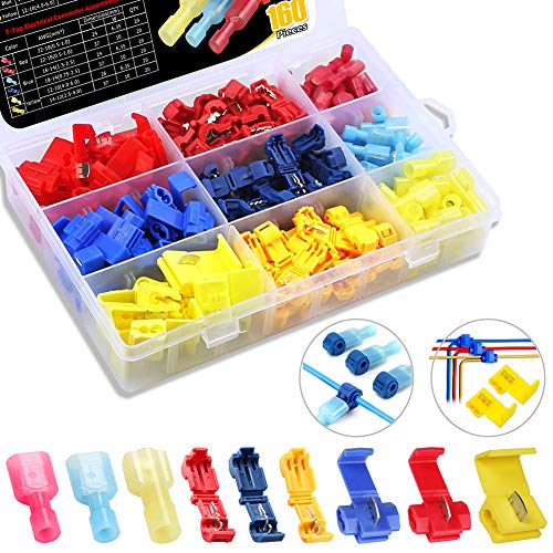 FIXITOK 160 Piezas T-Tap Rápido Terminales Kit, 60pcs T-Tap Terminal Rapida + 60pcs Terminal Macho de Desconexión Rápida Aislado + 40pcs Scotch Lock Empalme Rápido(Rojo/Azul/Amarillo)