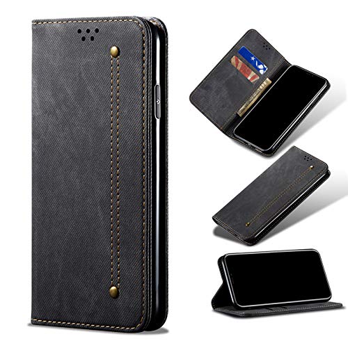 Funda Galaxy A12,Función Kickstand y Ranuras para Tarjetas Carnet de Identidad y Cierre Magnético Tela Vaquer Funda para Samsung A12 (Galaxy A12, Negro)