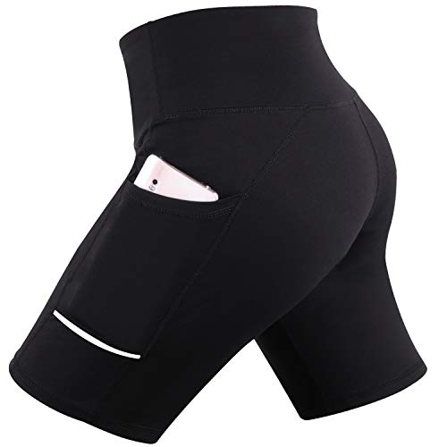 GRAT.UNIC Pantalón Corto Deportivo para Mujer, Running Pantalones Cortos de Yoga con Bolsillo Lateral, Fitness Mallas Deportivas (Negro, L)