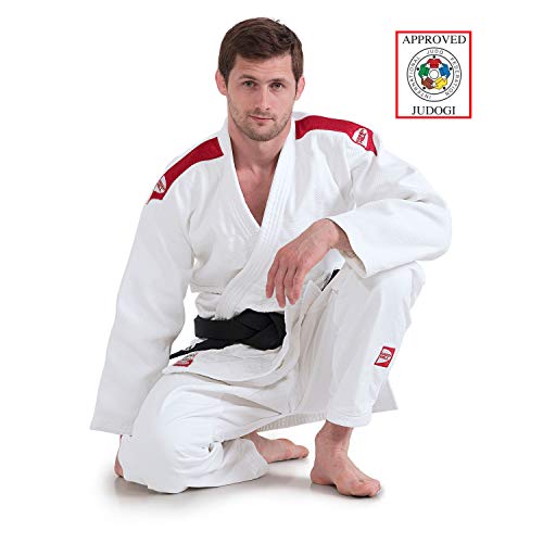 GreenHill Judogi Professional Aprobado IJF Judo Gi Homologado Uniforme Blanco Azul Kimono Nuevo Fitting Unisex (180 Slim Fit, Blanco con Banda en los Hombros Color Rojo)