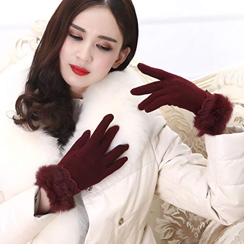 Hanggg Versión coreana de guantes de lana de otoño e invierno de piel de conejo de encaje de doble capa más pantalla táctil de terciopelo con dedo completo nuevo