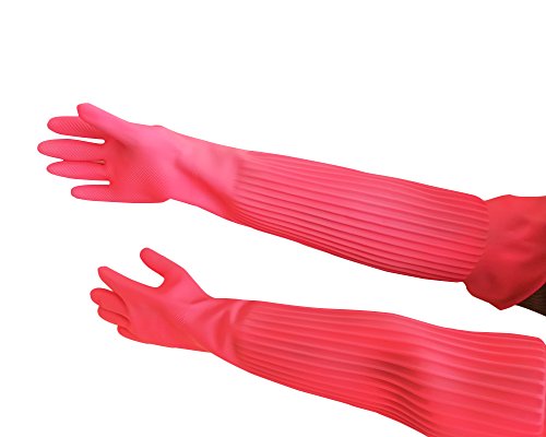 Hangnuo - Guantes de goma hasta el codo, impermeables, reutilizables - Para cocina, jardín, limpieza - 1 par de 58 cm verdes y naranjas, Rosa, Large