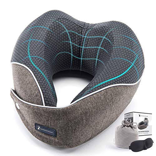 Herrenfeuer ® Almohada cervical con diseño en V patentado para una mejor estabilización de la cabeza – Almohada de viaje ideal para avión, coche o autobús – Transpirable, gris (Gris) - 130-1