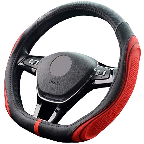 JDWBT Tipo D Cubierta Volante Coche de Cuero, Antideslizante Forma de D Funda Volante Coche, 38cm (15") Universal Volante de Coche Protector (Negro Rojo)