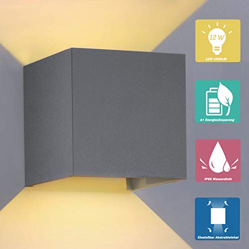 Lámpara de pared LED de 12 W, IP65, resistente al agua, para interior y exterior, de aluminio, con forma de cubo, para dormitorio, salón, exterior, ángulo de haz ajustable, color gris oscuro