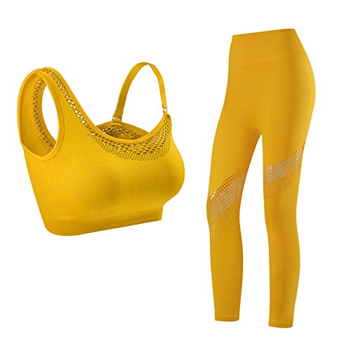 Mallas Conjunto De Yoga Sin Costuras Ropa De Gimnasia para Mujer Ropa Deportiva Leggings De Yoga Ahuecados Sujetador Deportivo con Un Hombro Acolchado 2 Piezas Ropa De Entrenamiento S Amarillo