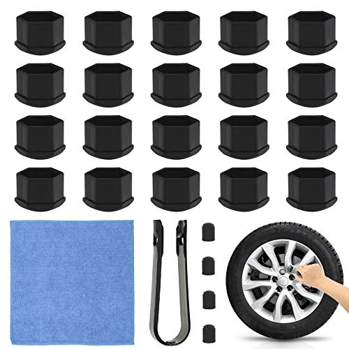 MEZOOM 20 Piezas Tapa de Tuerca de Rueda 4 Piezas Tapones Tornillos Ruedas Coche 17mm Cubierta de Tuerca de Neumático con Trapo del Polvo y Herramienta de Extracción para Llantas(Negro)