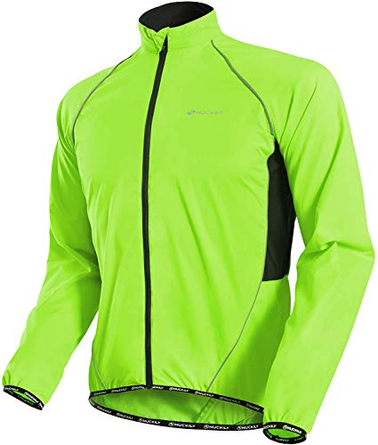 NUCKILY Chaqueta de Ciclismo de los Hombres Ligero Anti-UV Jersey a prueba de viento Resistente al Agua Abrigo Correr Cortavientos Impermeable al Aire Libre Ropa Depor, Hombre, MJ004 Verde neón, M