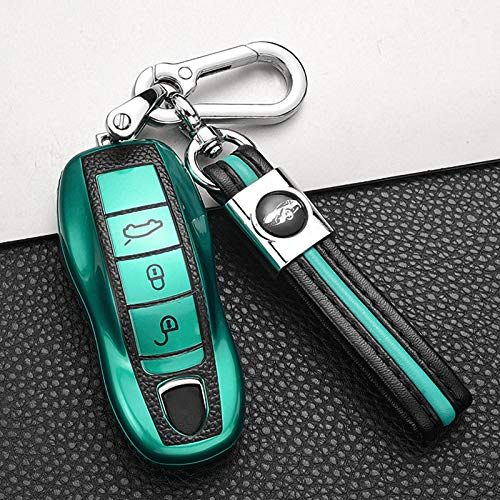 ontto Funda para llave de coche compatible con Porsche Macan Panamera 918 911 981 991 Boxster Cayenne Cayman mando a distancia Cover TPU Cuero Llavero Funda Funda para llaves Funda Verde