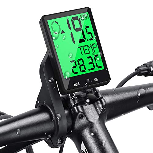 Prumya - Contador de bicicleta inalámbrico con 6 idiomas, impermeable, gran pantalla LCD, retroiluminación, multifunción, contador kilométrico, temperatura, velocidad, fácil de montar y programar