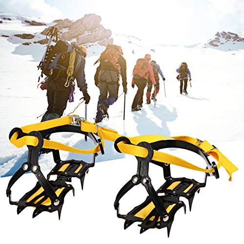 QULONG Equipo De Escalada De Acero Al Manganeso De 12 Puntos Crampones Pinzas De Hielo Dispositivo De Tracción Crampones De Acero Inoxidable Hielo Al Aire Libre Senderismo Longitud Ajustable,Amarillo