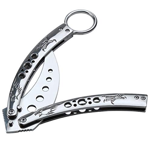 Ran's L Entrenador de Mariposas, Cuchillo Balisong Acero Inoxidable Curvo, sin Cerradura, Cierre Magnético (Plata Pulida Completa) CS/HDD34