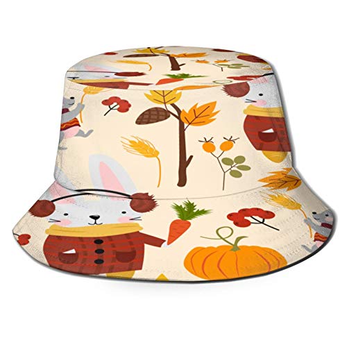 RUEMAT Sombrero Pescador Unisex,Patrón Sin Fisuras con Ratón Liebre Cosecha Otoño,Plegable Sombrero de Pesca Aire Libre Sombrero Bucket Hat para Excursionismo Cámping De Viaje Pescar