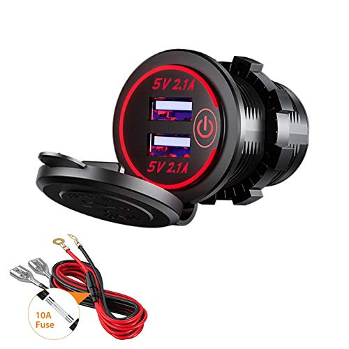 Thlevel Toma USB Coche 12V / 24V 4.2A Cargador Rápido de Coche Dual USB Impermeable con LED Indicador para Coches, Motos, RV, Camiones, Barcos (Rojo)