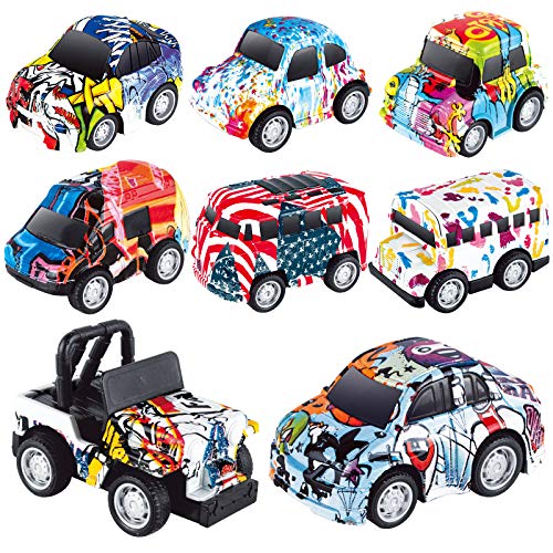 Tire hacia Atrás Coches, Metálico Juguete Coches Auto Die Cast Camiones Vehículos Set, 8 Pcs Graffiti Tire hacia Atrás Coches Coche de Policía/Autobús Escolar para niños de 3 a 12 Años Niñas Niños