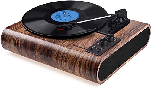 Tocadiscos de Vinilo,VOKSUN Tocadiscos Bluetooth y codificador Digital con 3 velocidades 33/45/78 RPM incorporadas 2 Altavoces estéreo Aux-In RCA, diseño de Estuche(Madera)