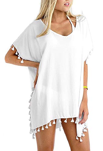 UMIPUBO Bikini para mujer con borla, vestido de verano de gasa, moda pareos y vestidos de playa, traje de baño para cubrir, camiseta larga para mujer, verano Blanco Talla única