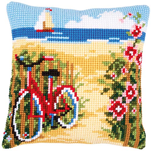 Vervaco Kreuzstichkissen Fahrrad Am Strand, Stickbild vorgezeichnet Kit de punto de cruz para cojín, predefinido, algodón, multicolor, 40.0 x 40.0 x 0,3 cm