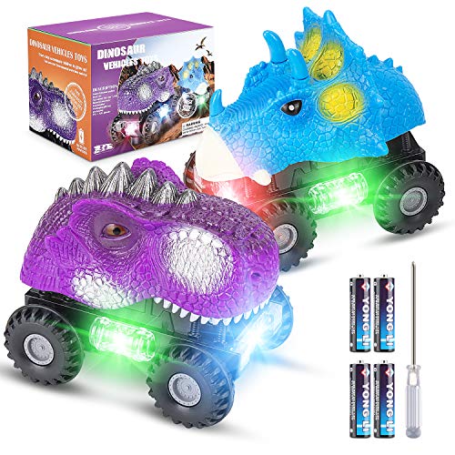 Vimzone Coche de Dinosaurio, 2 Pcs Juguetes de Dinosaurios con Luces LED y Sonido, Autos Dino de plástico no tóxicos para niños, Regalos de Cumpleaños Juguetes para Niñas Niños de 3-8 Años