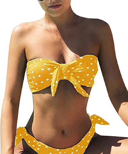 Voqeen Mujeres Cuello Halter Sin Tirantes Bandeau Giro Hacer Subir Lunares Conjunto de Bikini Traje de baño (Amarillo, M)