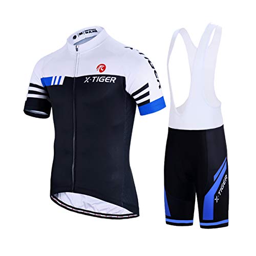 X-TIGER Hombres de Bicicleta con 5D Gel Acolchado MTB Ciclismo Tirantes Culotte Pantalones Cortos Culotes (XXL, Azul y Blanco)