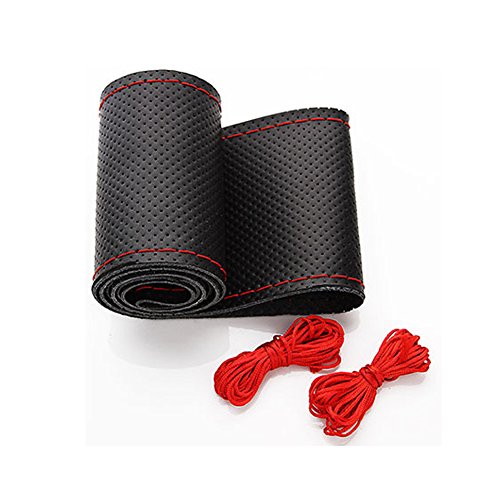 XFAY HX-508 Piel cosida a mano Funda de volante Funda Cubierta de Volante Coche Microfibra de cuero DIY Fundas para Agujas e hilo - 36CM Negro+Rojo