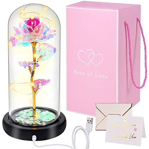 Yodeace Rosa Eterna, Regalos Originales para Mujer con luz LED, Batería USB Eternal Rose En Cúpula de Vidrio Tarjeta de Felicitación Dia de la Madre Regalos Originales(Rosa)