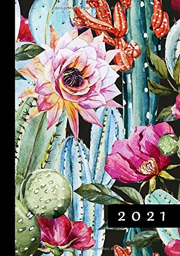 2021: ENE - DIC Agenda Semanal | Tamaño A5 | 1 Semana en 2 Páginas | Planificador Mensual Calendario Semana Vista Planner Organizador Anual | Floral Cactus