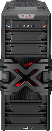 Aerocool STRIKEXONEAD - Caja gaming para PC (semitorre, ATX, capacidad hasta 12 ventiladores, incluye ventilador frontal con iluminación LED rojo 12 cm y trasero 12 cm, USB 3.0, audio HD), color negro