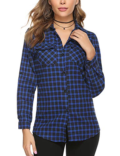 Aibrou Camisa Franela Casual,Camisa de Cuadros Algodón,Blusas y Camisas Manga Larga,Camisas a Cuadras Clásica Estilo Neutro Primavera Otoño (Azul Oscuro 2, L)