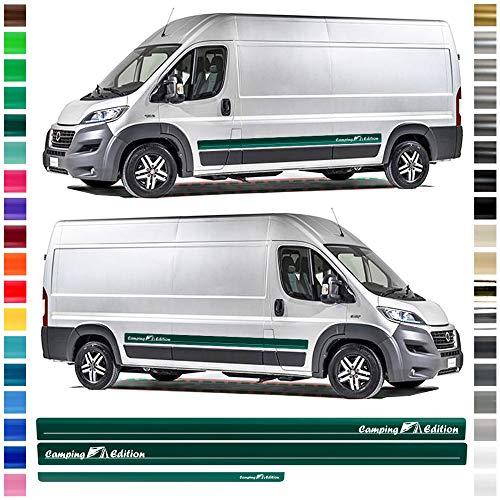 Auto-Dress® - Juego de pegatinas laterales para Fiat Ducato en el color deseado – Diseño: Camping Edition (elección de color, distancia entre ejes: L2)