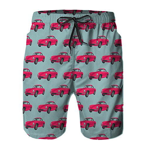 Bañador de Hombre,Vehículos rojos antiguos Coches deportivos retro de los años sesenta y cincuenta conduciendo a exceso de,Natación Secado Rápido Pantalones Cortos Shorts de Playa para swim 3XL