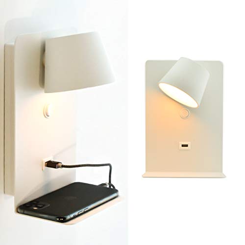 BarcelonaLED Lámpara Aplique de pared LED Aluminio Blanco con base de carga USB, foco orientable de 6W blanco cálido 2700K e interruptor para Dormitorio Cabecero Lectura Salón