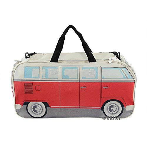 Brisa VW Collection - Volkswagen Furgoneta Hippie Bus T1 Van Bolsa de Deporte Plegable con Asas, Bolsa de Viaje con Compartimento Impermeable para Zapatos, Equipaje, Duffel Bag para Gimnasio (L/Rojo)