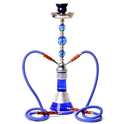 Cachimba Shisha Set Completo, Tubo de inmersión Inoxidable y difusor, Hookah Set LED Manguera Humo Big with with Silicone Hookah Manguera Aluminio Alloy Travel Shisha Glass Hookah,Azul