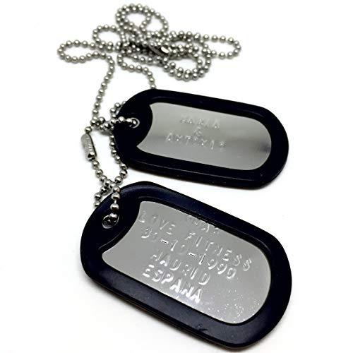 Chapas Militares Personalizadas de Acero Inox. Collar de Chapas Grabadas en Relieve. Colgante Estilo Ejército Americano. Grabado, Cadenas, Gomas y Bolsita de Tela de Regalo (Negro, Acero BRILLANTE)