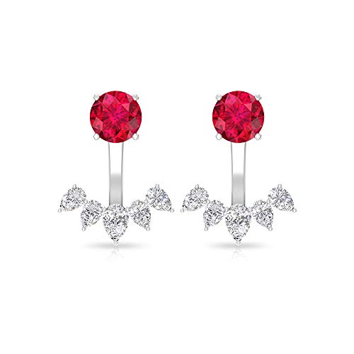 Dainty Solitaire Ruby IGI Certified Diamond Cluster Delantero, IJ-SI Pear Shape Diamond Ear Jacket, Her Red Ruby Love Bridal Leardrop Pendiente, 14K Oro blanco, Par