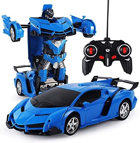 Deformación De Control Remoto De Un Solo Botón 1/18 RC Vehículo Robot Electric Cargando Simulación Modelo Coche RC Transformers Autobot con Luces, Niños Christmas Remoto Control Toy Car,Azul