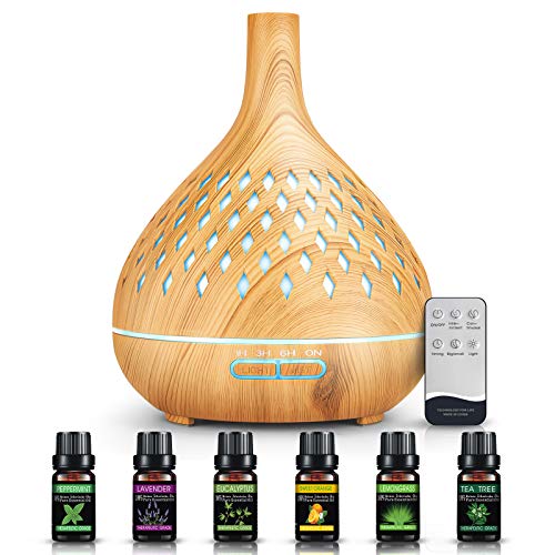 DOCOO Difusor de Aromas, 400ML Humidificador Aromaterapia con 6 Botellas de Aceite Esencial 100% Puro, 7 Luces LED de Color y 4 Temporizador, Difusor de Aceites Esenciales Bebé para Hogar Dormitorio