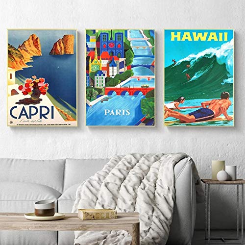 DUYAO00 Lienzo Pintura de Pared Vintage Ciudad de fama Mundial Capri Hawaii Grecia París Arte de la Pared Carteles e impresión para la decoración de la Sala de estar-40x50cmx3no Marco