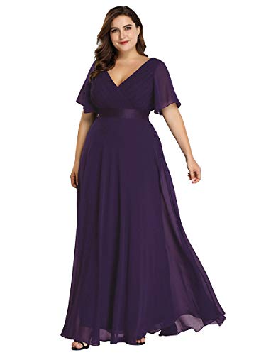 Ever-Pretty Vestido de Fiesta Noche Largo para Mujer Cuello V Manga Corta Talla Grande Morado Oscuro 58