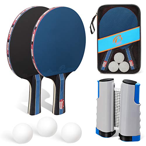 GIKERSY Conjunto de Tenis de Mesa con Red, 2 Raquetas + 6 Bolas/Pelotas de Tenis de Mesa + 1 Red Retráctil, Juego de Tenis de Mesa Portátil para Interior al Aire Libre