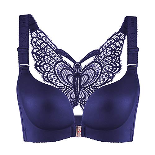 Guiran Mujer Sujetador Cierre Delantero Sin Aros Push Up Tallas Grandes Mariposa Lateral Trasera con Diseño Hueco Confort Ropa Interior Azul Oscuro 42/95B