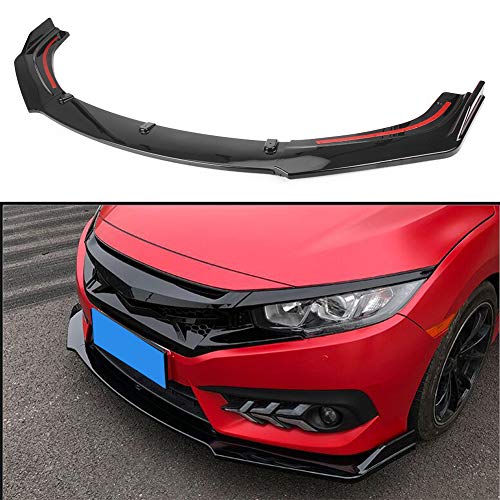 GZYF Negro Brillante Auto Parachoques Delantero Spoiler de Labio Splitter Air Dam Compatible con Civic 2016-2018